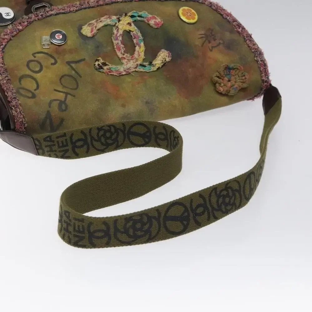 Chanel Embroidery Graffiti CC Canvas Leather Shoulder Bag Khaki